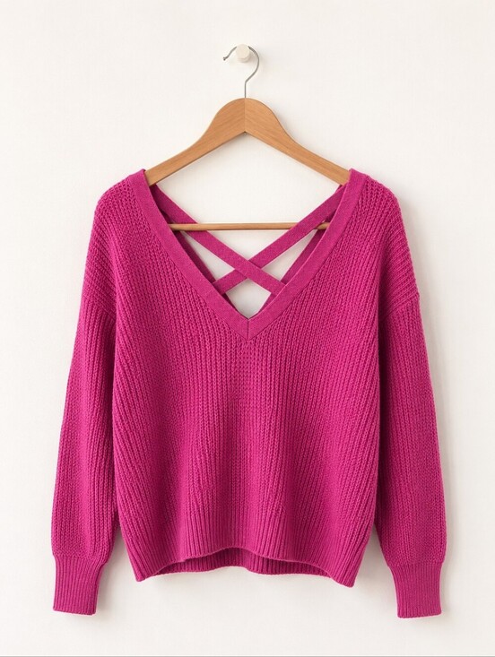 Maeve Sweaters - ANTHROPOLOGIE MAUVE V-Neck Waffle Knit Sweater - Raspberry Pink